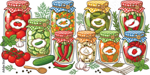 Fotografie Collection of homemade pickled vegetables in glass jars with custom illustrated