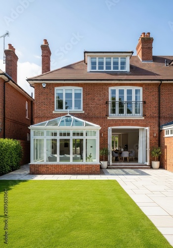 An elegant red brick home features a sunlit glass conservatory that connects to a vibrant green backyard and a spacious paved stone patio, building, pavement, villa