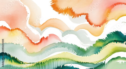 Abstract watercolor landscape with flowing shapes and soft pastel tones