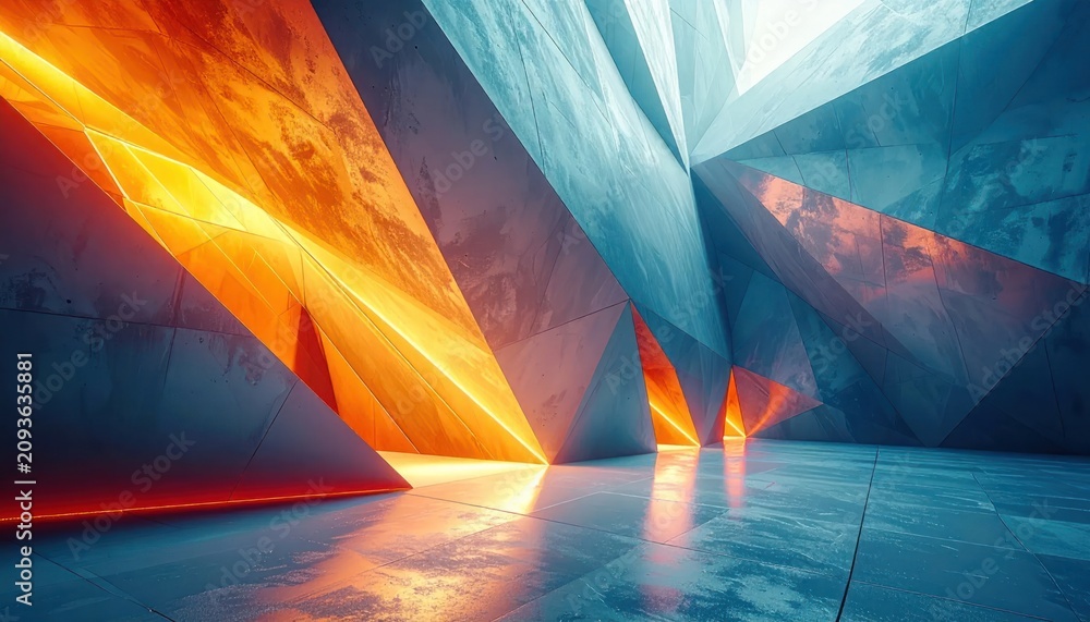 Fototapeta premium Abstract futuristic tunnel with glowing orange and blue lights.