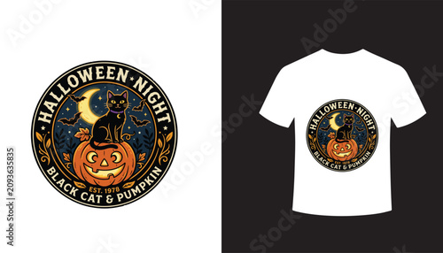 Foto Halloween night black cat and pumpkin vector logo design for t-shirt or merchand