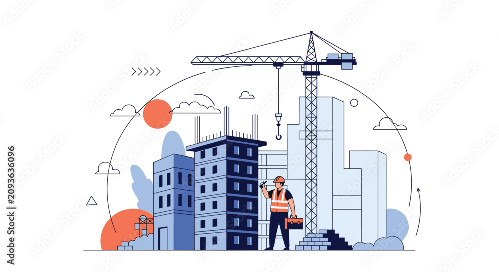 Obraz premium Modern construction site with industrial crane, new high buildings, and professional builder with toolkit.