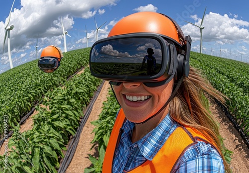 Woman in VR Headset Surveys Green Energy Field