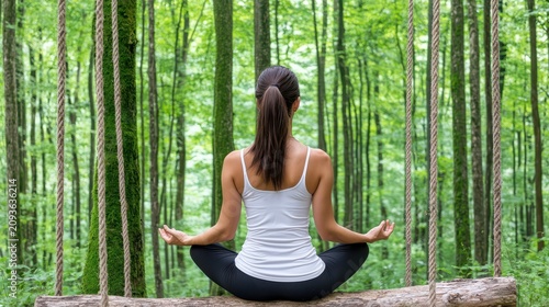 Woman Meditating in Lush Green Forest Setting
