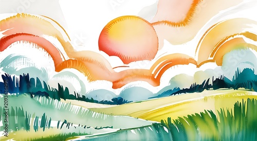 Vibrant watercolor landscape with sunset