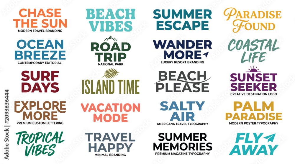 Obraz premium Collection of tropical summer vacation typography lettering quotes and phrases
