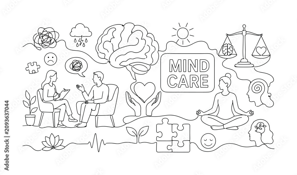 Fototapeta premium Psychology Mental Health Icons. Clean one-line drawing composition with brain, therapy session, calm meditation scene across canvas, 2?3 characters, oversized brain and heart balance, small emotional