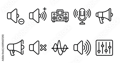 Konstfotografi Megaphone and Sound Icons Vector Collection | Audio Communication Outline Symbol