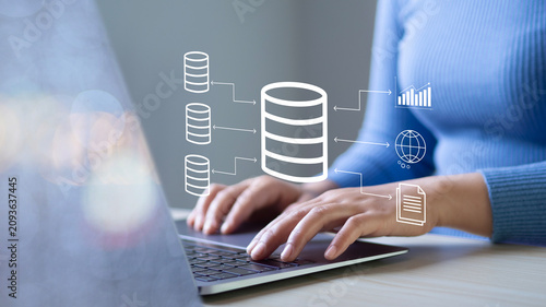 Business professionals utilize business data analytics systems on laptop computers, emphasizing the concept of data and process integration.