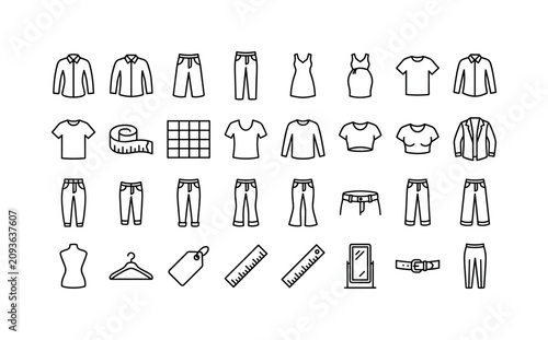 Fit Measurement Lines. Line icon set of clothing size and fit: slim shirt, regular shirt, relaxed trousers, tall pants, petite dress, maternity dress, unisex tee, measurement tape, size chart, short