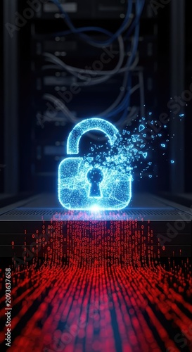A glowing digital lock on a server rack breaks apart as red binary code floods the dark background, symbolizing a secure network compromise, internet, server, database