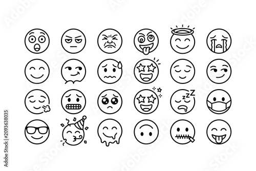 Expressive Mood Faces. Line icon set of emoji icons: shocked face, annoyed face, disgusted face, crazy face, halo face, crying face, smiling face, proud face, nervous face, excited face, relaxed face,
