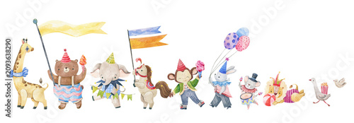 Canvas Print Watercolor circus parade animal characters set