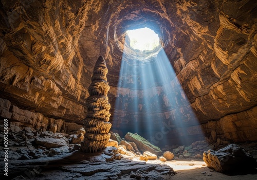 A vast cavernous interior filled with natural sunlight streaming through a rocky opening above, highlighting ancient geological formations, ceiling, depth, beam