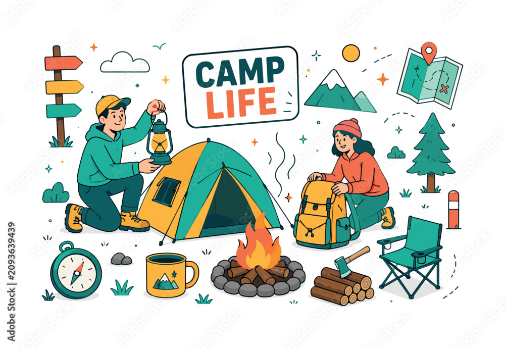 Naklejka premium Camping Adventure Gear. Banner illustration about outdoor camping with one oversized tent and one oversized campfire, two geometric campers placing lantern, backpack, pine tree, mug, signpost, chair,
