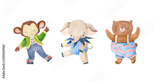 Canvas Print Watercolor Circus Monkey Elephant and Bear