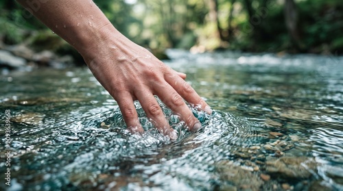 A female hand touching the river water