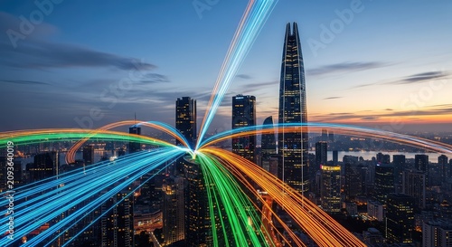 Glowing fiber optic cables overlay a majestic city skyline at dusk, illustrating high-speed connectivity and modern data infrastructure, data, speed, fast