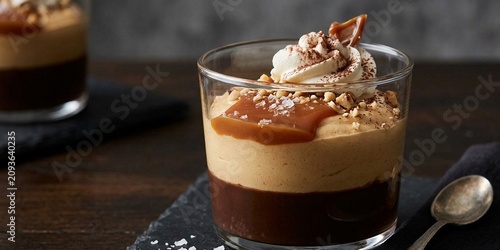 Decadent layered chocolate caramel dessert in a glass with crushed nuts