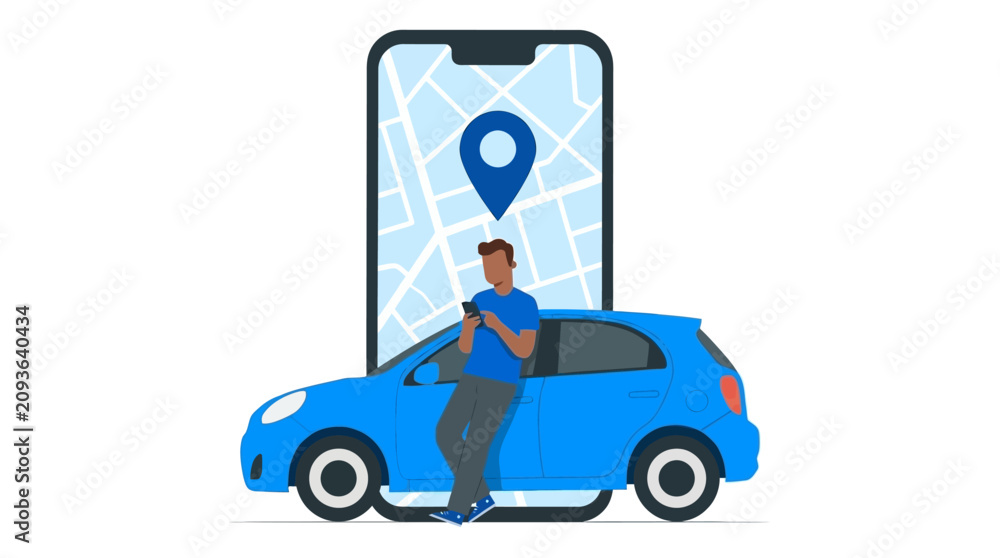 Naklejka premium Man standing beside blue car with large smartphone displaying map and location pin