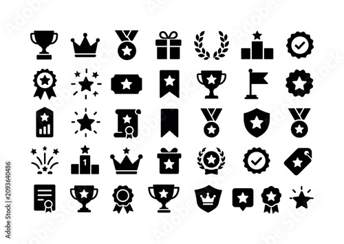 Victory And Reward Icons. Solid glyph icon set of victory and reward symbols: trophy cup, crown, medal, gift box, laurel wreath, podium, check badge, winner ribbon, starburst, prize label, ranking