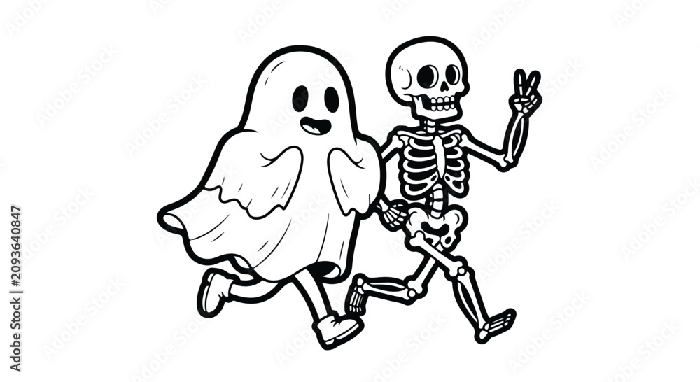 Obraz premium Playful ghost and friendly skeleton dancing together in a whimsical illustration.