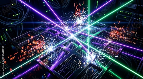 Hightech server hardware with laser data transmission and digital processing, abstract visualization of advanced computing and data center infrastructure transparent background