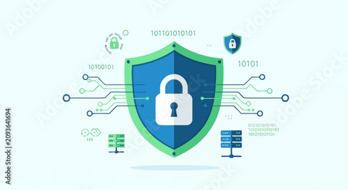 Obraz na płótnie Digital cybersecurity concept, data protection shield with server icons and bina