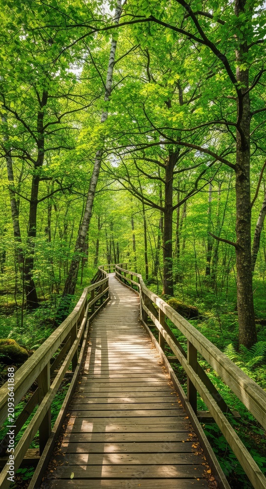 Obraz premium A scenic wooden boardwalk winds through a lush green forest filled with tall trees and dappled sunlight filtering through the canopy above, botanical, adventure, leaves