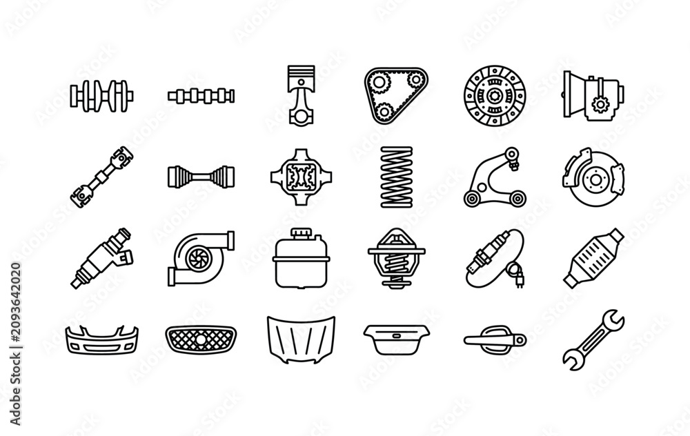 Naklejka premium Vehicle Service Components. Line icon set of car parts: crankshaft, camshaft, piston, timing belt, clutch plate, gearbox, drive shaft, axle, differential, suspension spring, control arm, brake