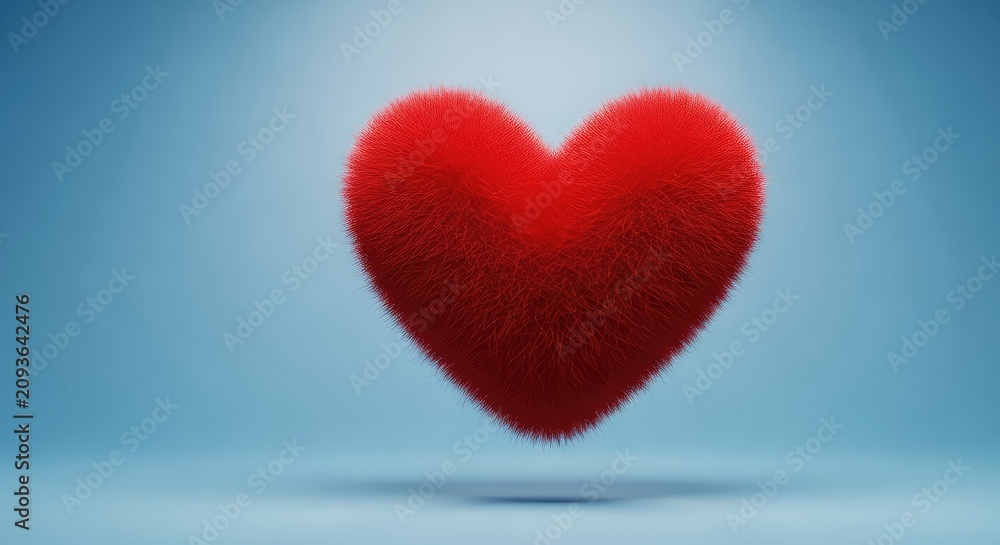 Fototapeta premium A vibrant red fluffy heart with a soft furry texture floats elegantly against a smooth sky blue gradient backdrop with gentle lighting, fuzzy, felt, fluffy