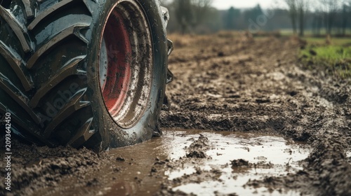 Heavy tractor tire sinking in deep mud on a rural agricultural field after rain