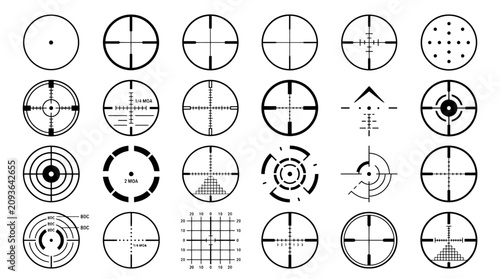 Slika na platnu Military crosshair and sniper aim icons set, 24 target reticle vector elements,