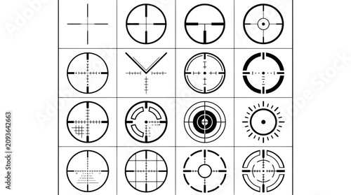 Schilderij op canvas Sniper scope crosshair icons set, 16 black vector reticle symbols, military aim