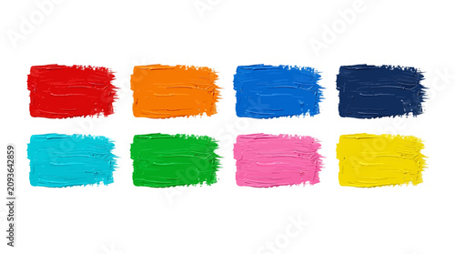 Vibrant acrylic paint brush strokes set, 8 colorful oil paint textures on white background, artistic gouache smear collection for creative design