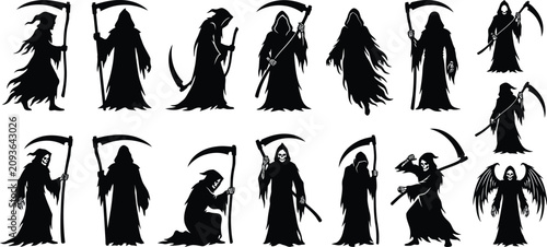 Fotografi Collection of grim reaper silhouettes in various poses