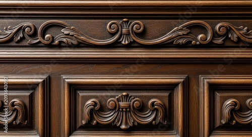 Detailed view of ornate dark brown wooden moulding panels with aged texture and carved patterns perfect for a classic background, vintage, wood, panel