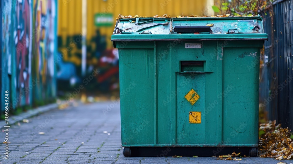 Obraz premium Large green waste container parked outdoors on a city street or near a building