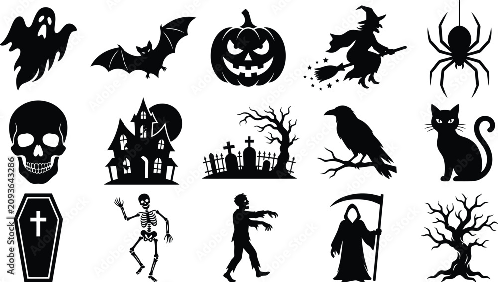Fototapeta premium Halloween silhouette icons set