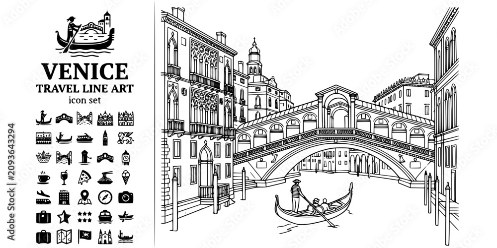 Obraz premium Venice Italy Travel Line Art Black White-Gondola Rialto Bridge Canal-Italian Destination Vector-Venice Icon Line-Travel Poster Design Set