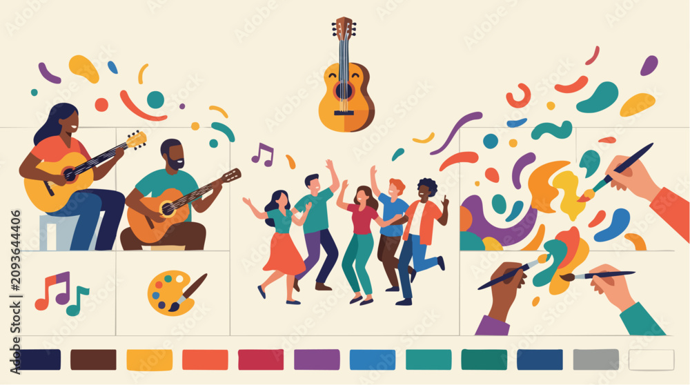 Naklejka premium Diverse People Engaged in Creative Music Dance and Art Illustration