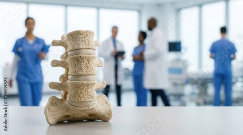 Human Spine Anatomical Model in Modern Hospital Setting with Blurred Medical Professional Team, Orthopedic Healthcare Concept Website Banner for Clinic and Surgery Education.