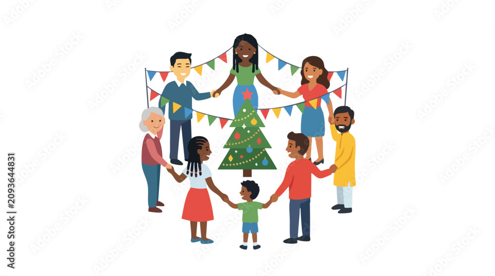 Fototapeta premium Diverse group of people holding hands around a Christmas tree