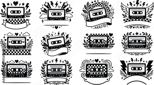 Foto Vintage cassette tape emblems and illustrations collection