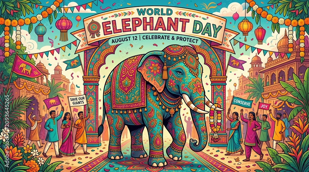 Fototapeta premium World Elephant Day Decorative Elephant Vector Illustration Inspired by Asian Art