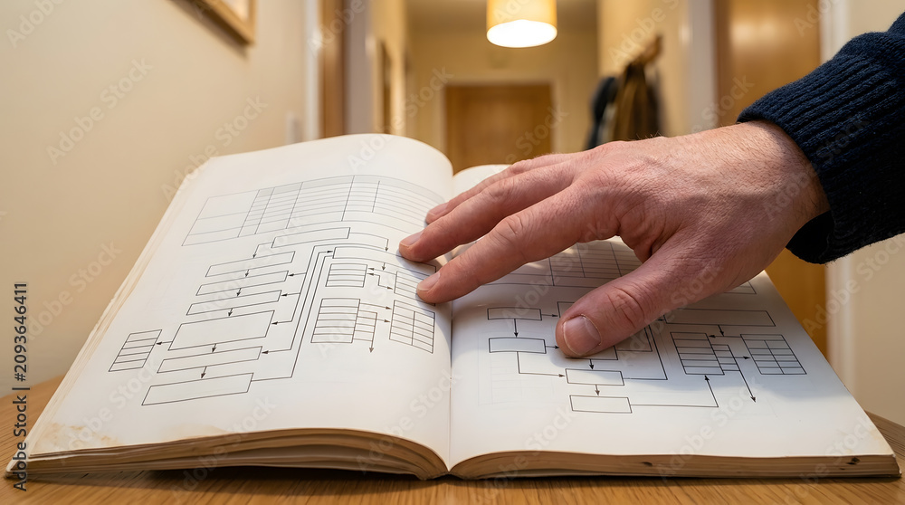 Obraz premium reading security alarm system manual|hand pointing to technical flowchart|following home installation instructions|man studying equipment user guide
