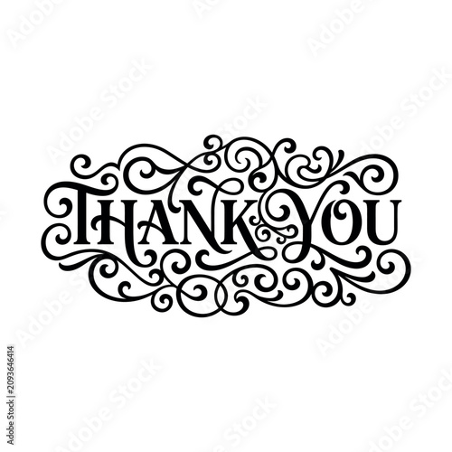 Ornate Thank You, Vintage Typography, Calligraphy Text, Black Floral Swirls isolated on White Background