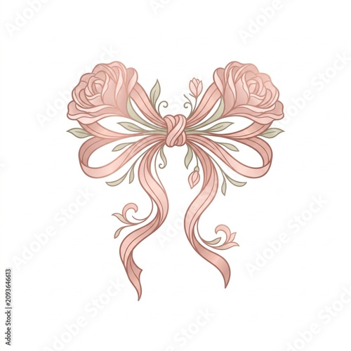 Elegant pink ribbon bow with rose flowers and delicate leaves isolated on a white background