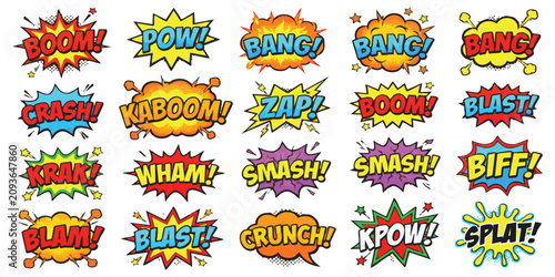 Obraz na płótnie Set of colorful comic book speech bubbles with sound effects like boom pow bang