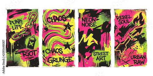 Картината върху платно Set of four vertical posters with colorful graffiti street art spray paint style